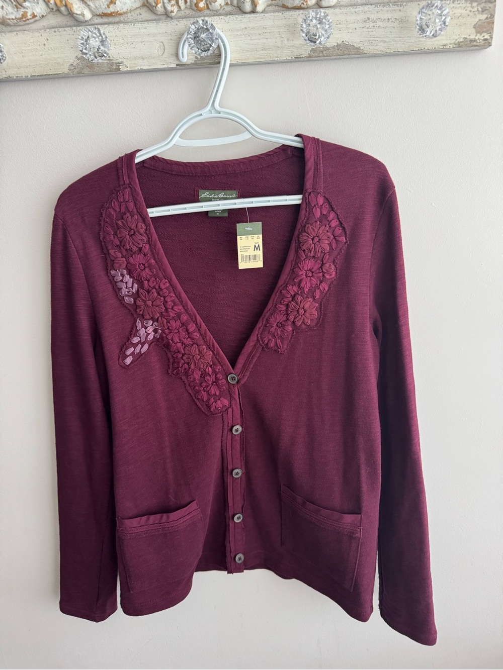 Eddie Bauer Women’s Burgundy Floral-Appliqué V-Neck Cardigan